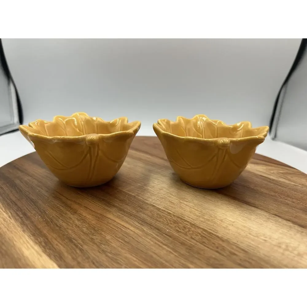Pier 1 Leaf Bowls Set 2pc Ceramic Appetizer Nut Snack Dishes Mustard Yellow Fall